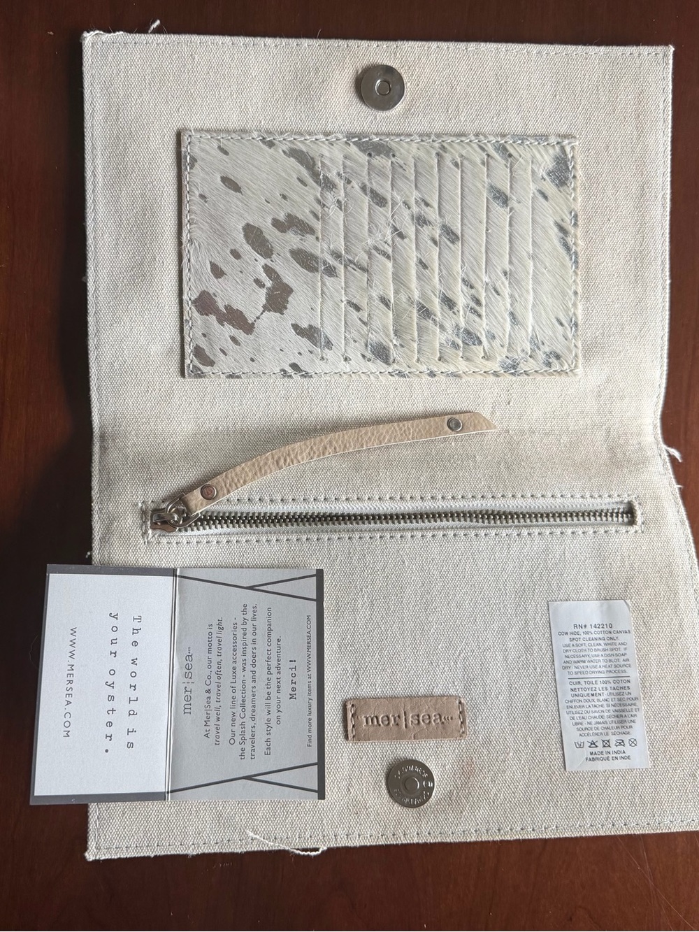 mer-sea Never Used Ivory Haircalf Leather, Canvas Lined Wallet Card Clutch